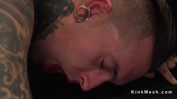 Tattooed male slave worships trannys feet